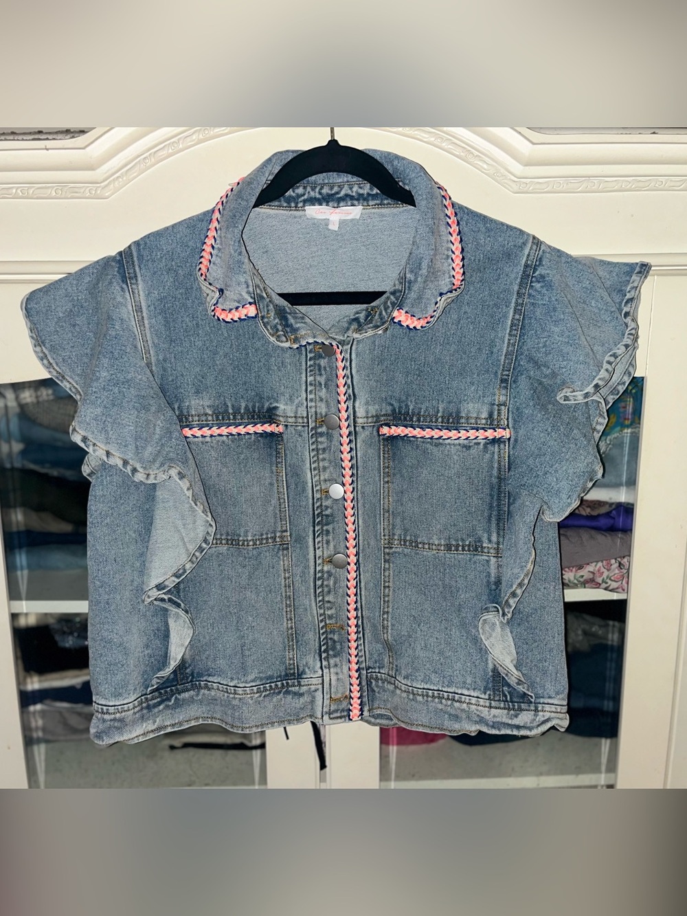 Ces Femme size Large Light Wash Denim Short Sleeve Jacket with embellished trim